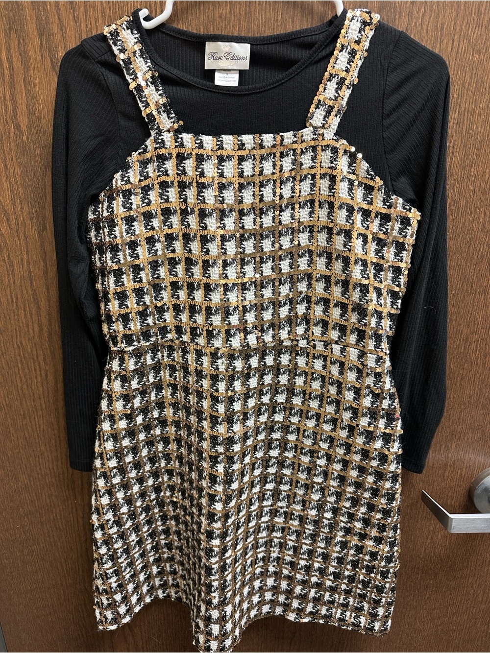 Rare Editions Black, Gold & White Tweed Pinafore Mini Dress